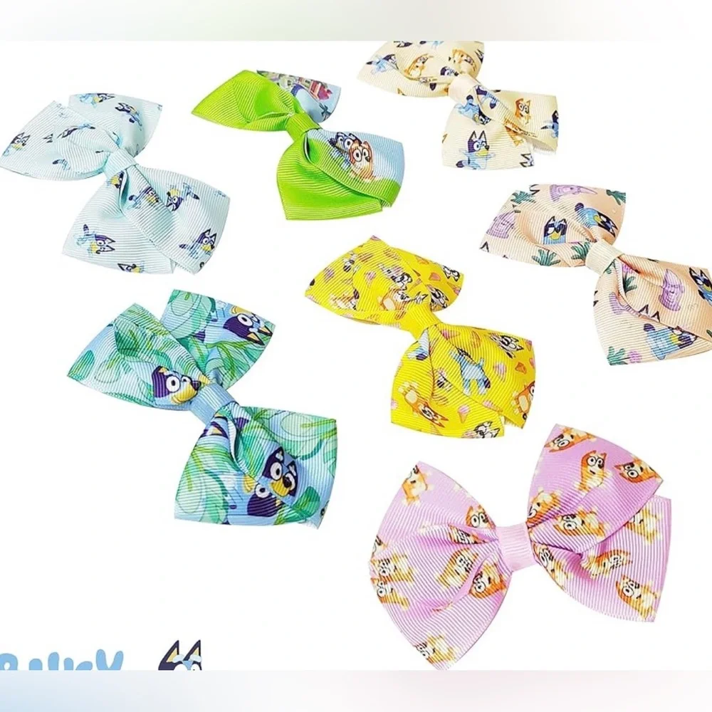7 Piece 4 inch Bluey Colorful Cartoon Bow Set for Kids